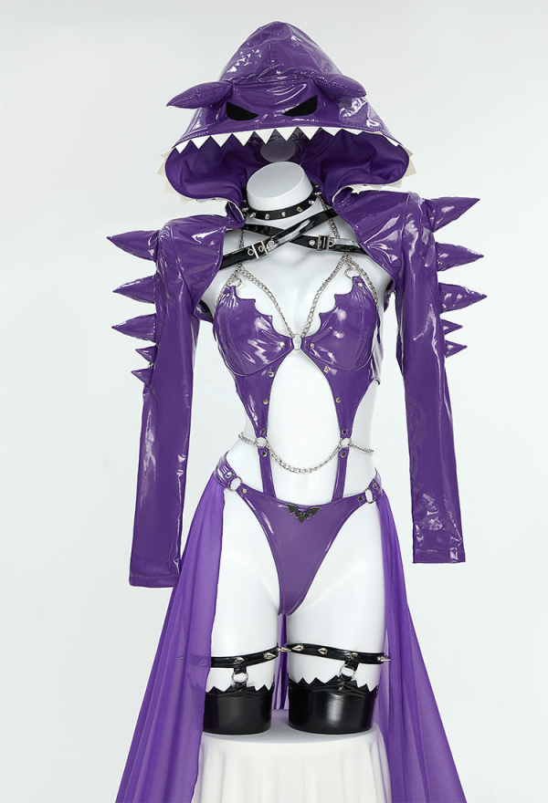 Gothic Sexy Lingerie Set Purple Cutout Bodysuit and Hooded Coat with Skirt and Choker